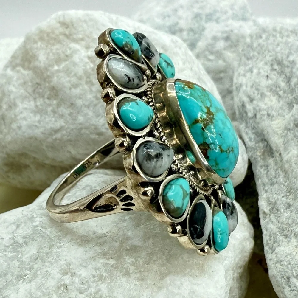 NWT Sierra Nevada Turquoise & White Buffalo Halo Ring 12.90ctw Sterling Silver 8